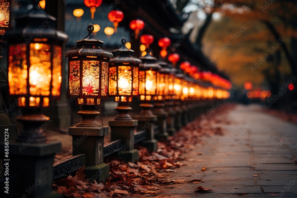 stock photo oriental lanterns with reddish light illuminate a street