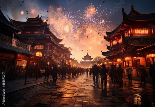 photo of street of eastern city celebrating new year with fireworks