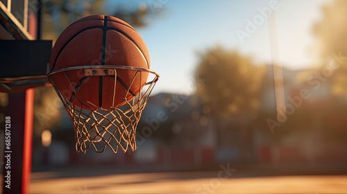 basketball net and ball in soft, diffused natural light to highlight textures and details.