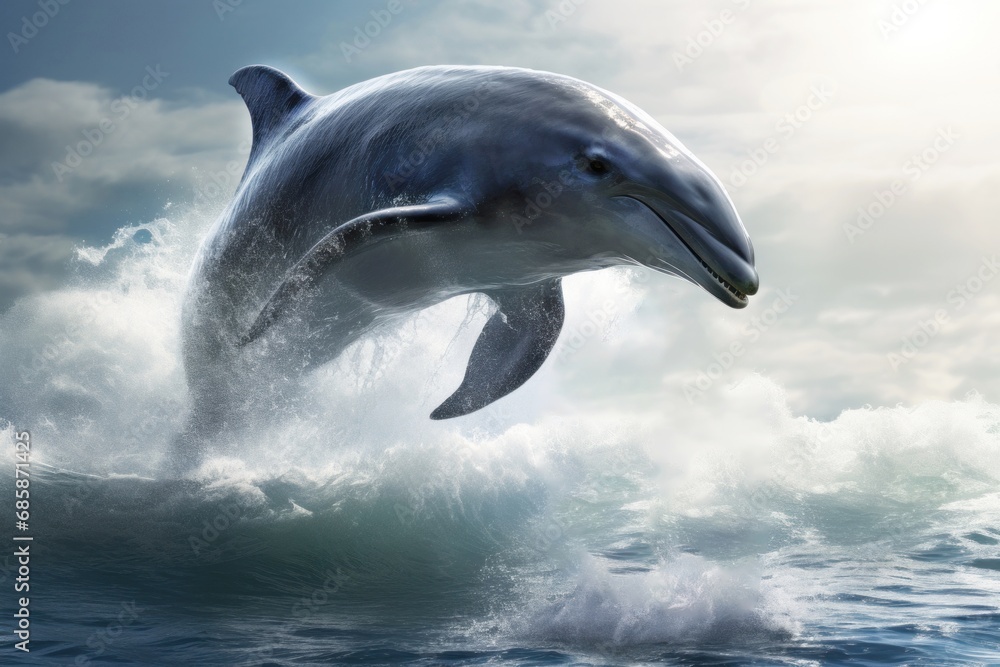 Fototapeta premium Dolphin jumping out of water with a splash. Animal in its natural habitat. The beauty of nature. Concept of freedom and beauty of wild animals
