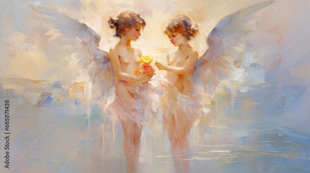 Ancient fresco. Two angels with wings in flowers. Cute fairies. Kids cherubs. Oil painting illustration, impressionism style. Pastel colors. For postcard, greeting, wall decor, cover design, print - obrazy, fototapety, plakaty 