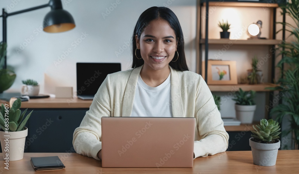AI generated illustration of a young female working on a laptop computer while seated at a table AI generated illustration of a young female working on a laptop computer while seated at a table