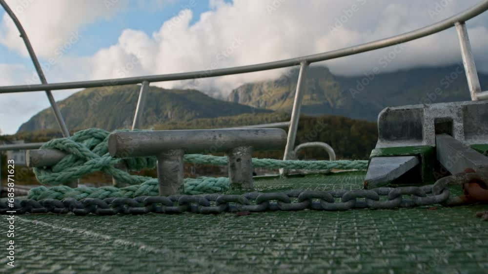 Ropes And Chains On Boat Deck With Clouds Ropes And Chains On Boat Deck With Clouds
