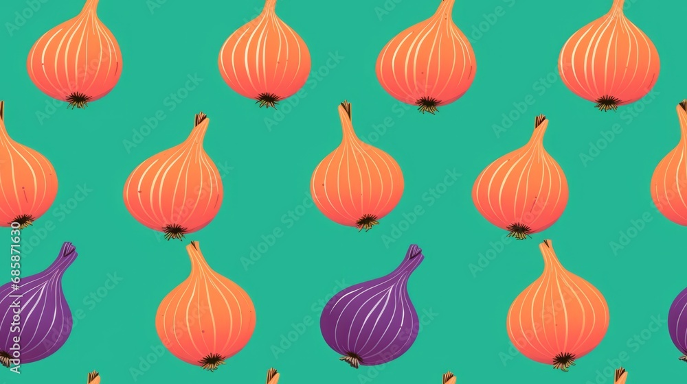 Fototapeta premium Fresh Organic Onion Vegetable Cartoon Horizontal Seamless Background. Healthy Vegetarian Diet. Ai Generated Seamless Background with Delicious Juicy Onion Vegetable Arranged in lines.