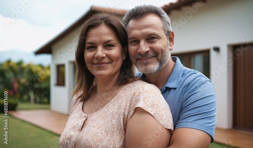 AI generated illustration of a young and happy couple stand in front of their newly purchased home