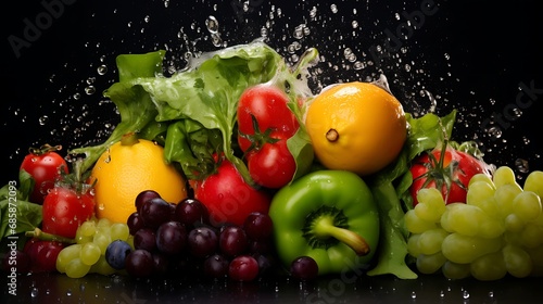 Fresh fruits and vegetables with water droplets