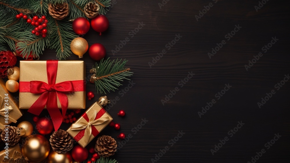 Christmas dark black background with beautiful texture and Golden gift box with red ribbon, fir branches, cones, Christmas tree toys stars with generative ai Christmas dark black background with beautiful texture and Golden gift box with red ribbon, fir branches, cones, Christmas tree toys stars with generative ai