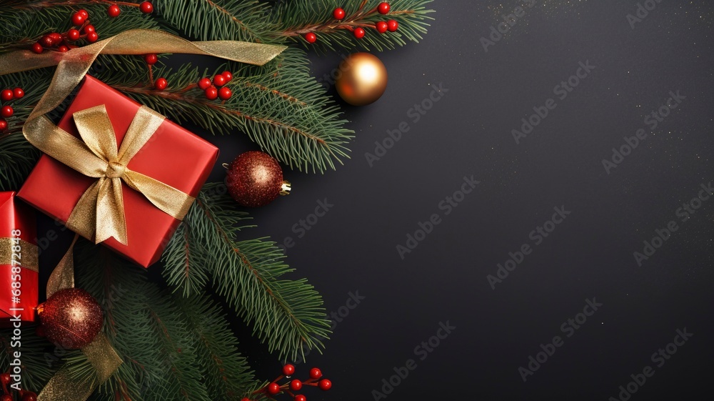 Christmas dark black background with beautiful texture and Golden gift box with red ribbon, fir branches, cones, Christmas tree toys stars with generative ai Christmas dark black background with beautiful texture and Golden gift box with red ribbon, fir branches, cones, Christmas tree toys stars with generative ai
