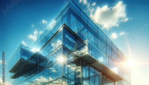 Modern Glass Building Facade Against Clear Blue Sky