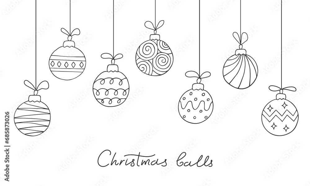 Set of hanging Christmas balls with ornament in doodle style. Line drawn Xmas decoration isolated on white. Festive minimalist outline illustration. New Year background