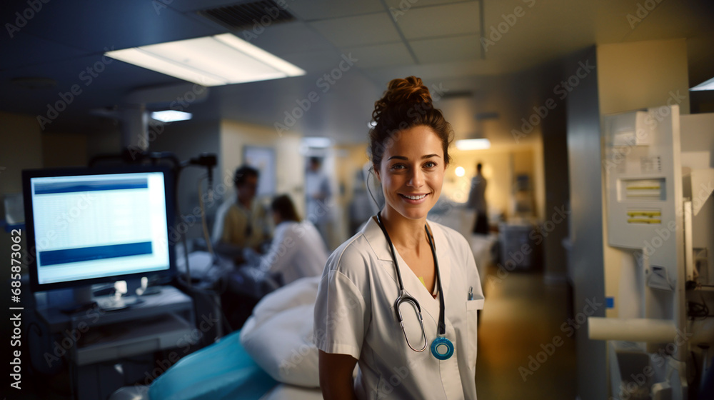 smiling caucasian woman in white lab coat in hospital or science setting, professionalism, dedication to patient care, medical atmosphere smiling caucasian woman in white lab coat in hospital or science setting, professionalism, dedication to patient care, medical atmosphere