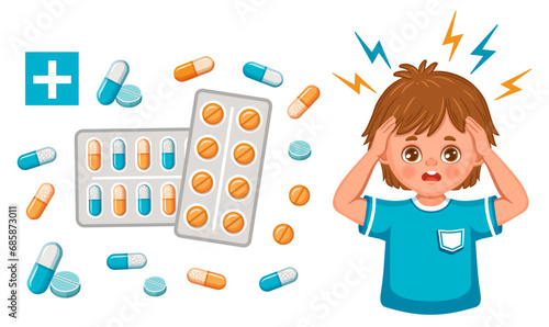 Headache, migraine medicine pharmacy pills. Sick boy child person feel pain in head, stress, depression, panic, dizziness. Medical painkiller tablet, capsule. Mental health disorder treatment. Vector
