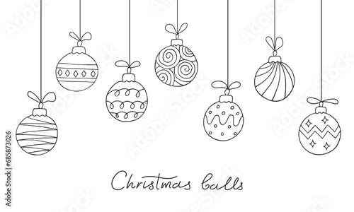 Set of hanging Christmas balls with ornament in doodle style. Line drawn Xmas decoration isolated on white. Festive minimalist outline illustration. New Year background