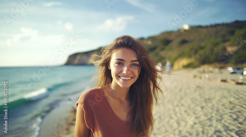 smiling woman with long, dark hair on busy sandy beach; lively, cheerful atmosphere, happiness, and relaxation, fictional location