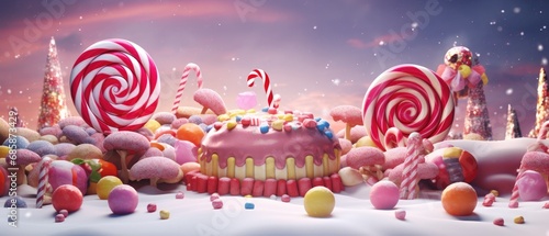 Fantasy candy land landscape with colorful sweet treats and desserts under twilight sky. Festive celebration and fun fantasy theme.
