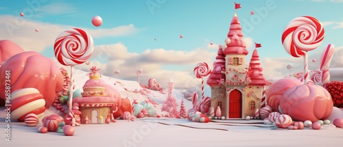 Enchanting candy land landscape with sweet castle and oversized desserts under pastel sky. Fantasy world and imagination.