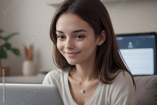 closeup portrait of a person using technology mindfully, with a soft smile and relaxed posture. With their purposeful interaction with the device. AI generated.