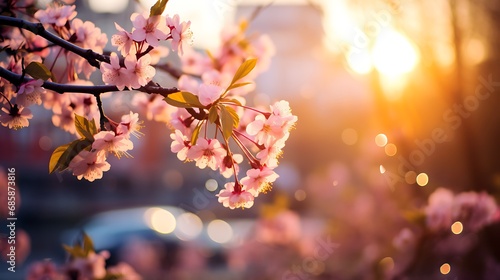 Gorgeous bokeh highlighting a cityscape in springtime, cherry blossoms scattered, sunlight
