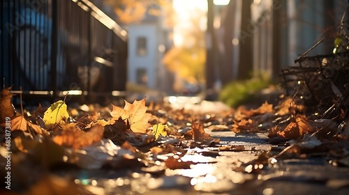 Gorgeous selective focus on an urban alley in autumn, urban debris scattered, sunlight