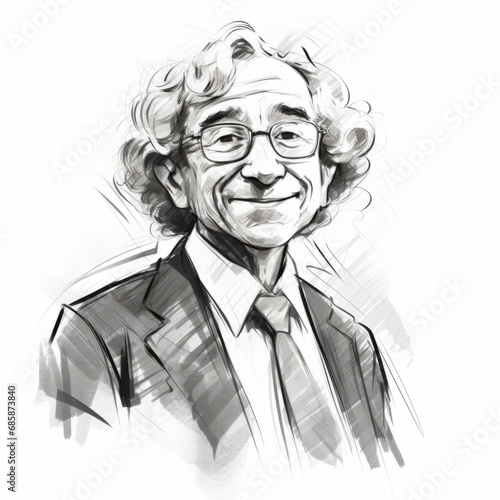 Smiling Old White Man with Brown Curly Hair Sketch Illustration. Portrait of a Business person isolated on white background. Creative Doodle Drawing. Ai Generated Square Illustration.
