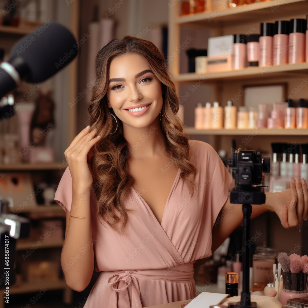 Happy young girl influencer with cosmetics studio lighting for marketing recording session broadcasting online Happy young girl influencer with cosmetics studio lighting for marketing recording session broadcasting online