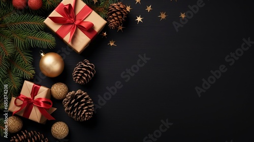 Christmas dark black background with beautiful texture and Golden gift box with red ribbon  fir branches  cones  Christmas tree toys stars with generative ai