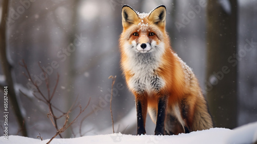 Red Fox - Vulpes vulpes, sitting up at attention, direct eye contact, a little snow. generative ai photo