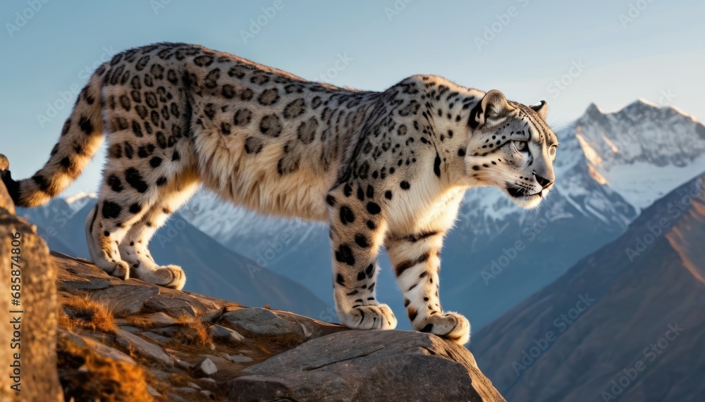 a snow leopard standing on a rock in front of a mountain range with snow capped mountains in the background and a blue sky with a few clouds in the foreground. a snow leopard standing on a rock in front of a mountain range with snow capped mountains in the background and a blue sky with a few clouds in the foreground.