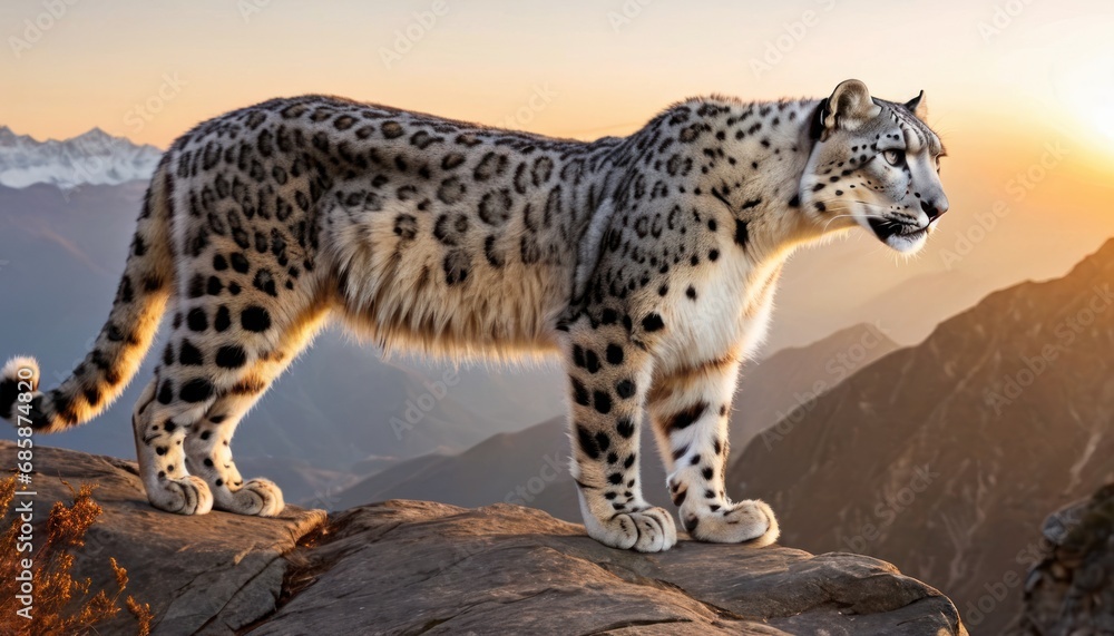 a snow leopard standing on top of a large rock in the middle of a mountain range with the sun setting behind it and a mountain range in the distance in the background. a snow leopard standing on top of a large rock in the middle of a mountain range with the sun setting behind it and a mountain range in the distance in the background.