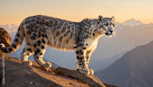  a large snow leopard standing on top of a rocky hill next to a mountain range with snow covered mountains in the background and a sunset light on the top of the mountain. © Jevjenijs