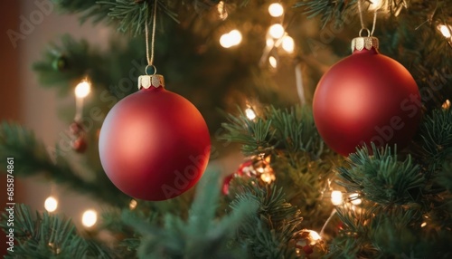  a close up of a christmas tree with a red ornament ornament hanging from the top of a green christmas tree with lights and a blurry background.