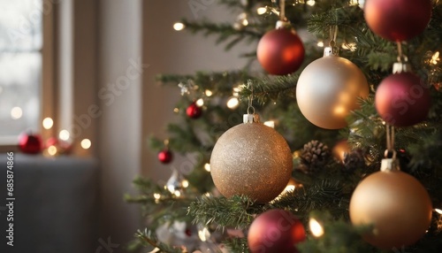  a close up of a christmas tree with red and gold baubles hanging from it's branches and a white table cloth draped table cloth in the background.