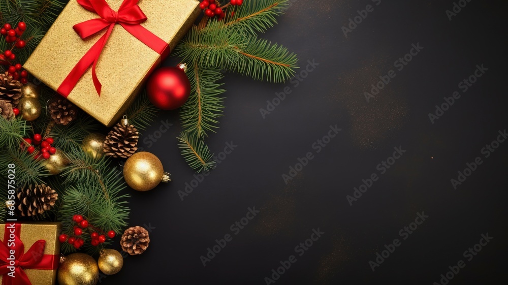 Christmas dark black background with beautiful texture and Golden gift box with red ribbon, fir branches, cones, Christmas tree toys stars with generative ai Christmas dark black background with beautiful texture and Golden gift box with red ribbon, fir branches, cones, Christmas tree toys stars with generative ai