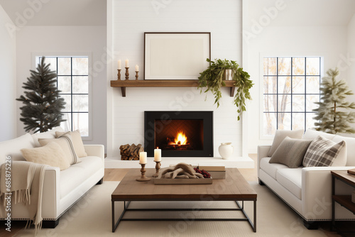 Frame Mockup | Livingroom | Framed artwork | Interior Design Photography | Christmas Holiday Themed | Cozy Fireplace | Modern white Scandinavian minimalist décor | 