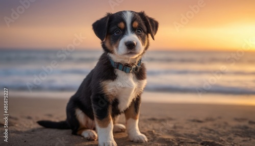  a brown and white dog sitting on top of a sandy beach next to the ocean with the sun setting in the distance behind it and a dog looking at the camera.