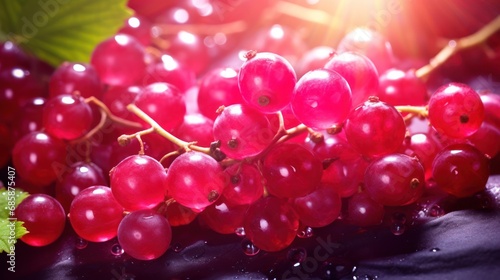  a close up of a bunch of grapes with water droplets on the surface and a green leaf on the side of the photo, with the sun shining in the background.