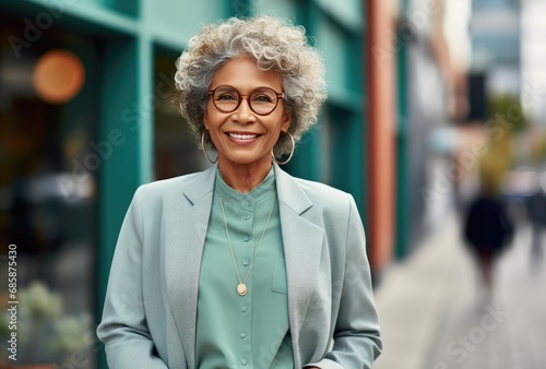 Confident Mature Business Executive Professional Black Woman Portrait, in Suit Outside of Office in Business District. Generative AI.