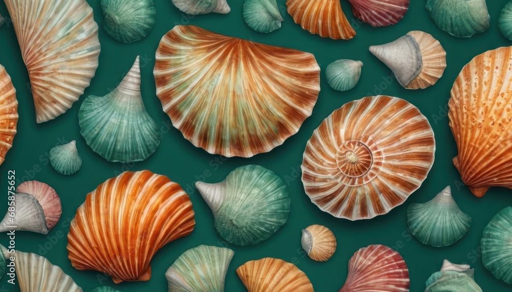 a group of sea shells sitting on top of a green surface with white and orange shells on top of each of the shells, all of which are different shapes and sizes. a group of sea shells sitting on top of a green surface with white and orange shells on top of each of the shells, all of which are different shapes and sizes.