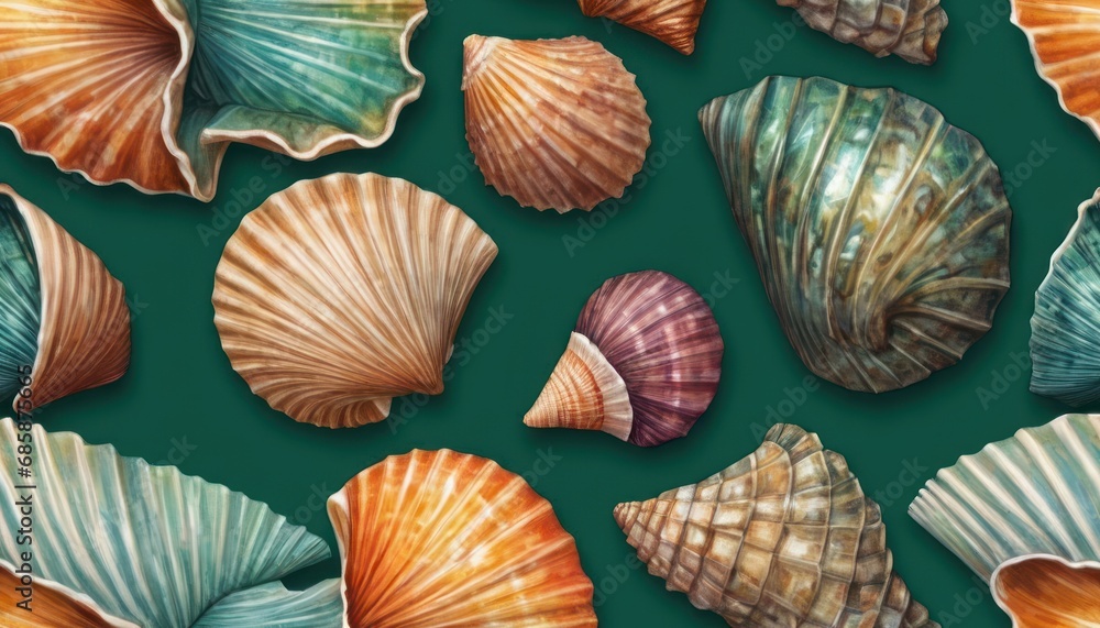 a close up of a bunch of seashells on a green background with a green background and a green background with orange, green, yellow, blue, green, and white, and orange shells. a close up of a bunch of seashells on a green background with a green background and a green background with orange, green, yellow, blue, green, and white, and orange shells.
