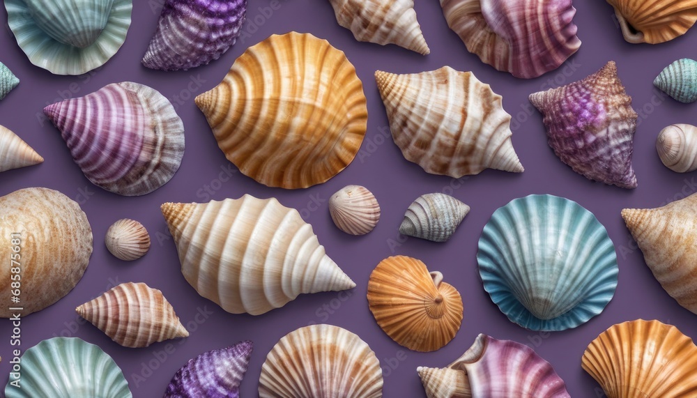  a bunch of seashells that are on a purple background with a purple background with a purple background and a purple background with a bunch of seashells.