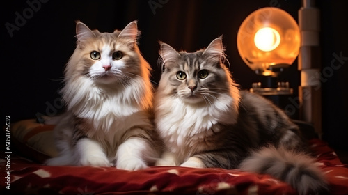 Two beautiful cats on the bed in the room with a lamp. © Argun Stock Photos