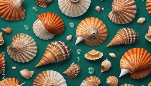  a group of sea shells sitting on top of a green table next to a bottle of water and a bottle of water on top of a counter top of a table.