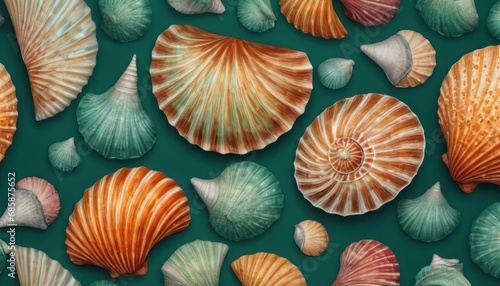  a group of sea shells sitting on top of a green surface with white and orange shells on top of each of the shells, all of which are different shapes and sizes.