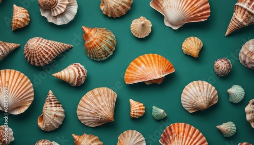  a group of sea shells sitting on top of a green surface with white and orange shells on the bottom of the image and bottom half of the shells on the bottom half of the image.