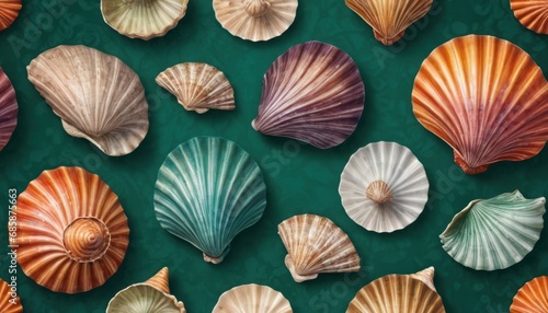  a close up of many seashells on a green surface with white and orange shells on the bottom and bottom of the shells on the bottom of the image.