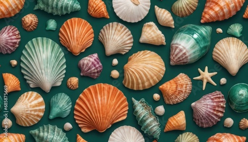  a group of seashells and starfishs on a green background with a starfish on the right side of the image and a starfish on the left side of the right side of the image.