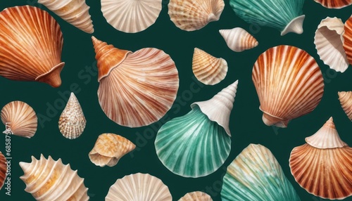  a bunch of seashells that are on a dark green background with white and orange shells on the bottom of the image and bottom half of the shells on the bottom half of the image.