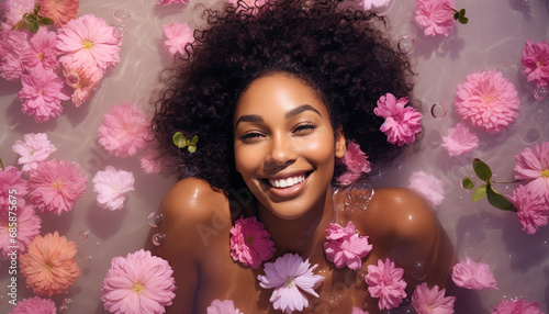Portrait of a young, smiling woman lying in shallow water with floating flowers. Skin care beauty, skincare cosmetics. Spa concept.