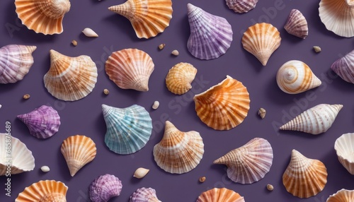  a bunch of seashells that are on a purple background with a purple background and a purple background with a bunch of seashells that are on a purple background.