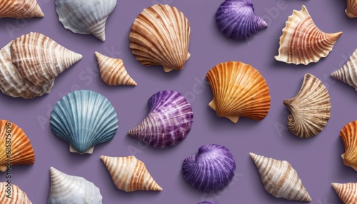  a group of sea shells sitting on top of a purple surface next to a purple surface with a purple background and a purple background with a few different types of seashells.